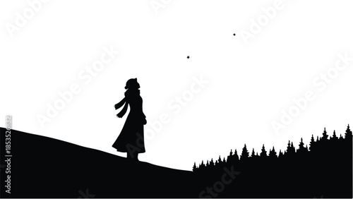 Lone silhouette gazing at a vast, clear sky with distant birds in a minimalist landscape.