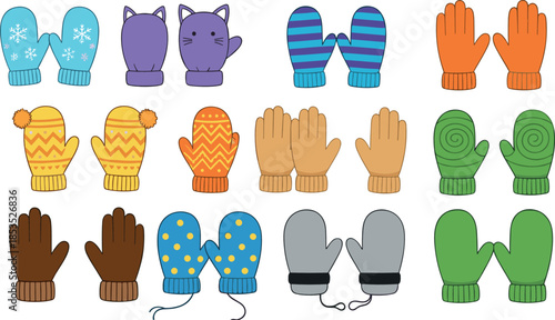 Colorful Winter Gloves and Mittens Flat Illustration Vector Set Featuring Cozy Handwear, Cold Weather Accessories, Knitted Patterns and Seasonal Fashion Design