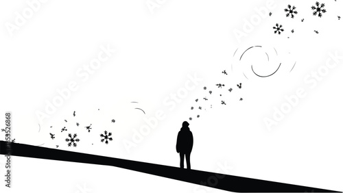 Solitary figure standing on a snowy hillside, surrounded by swirling snowflakes and abstract winter elements.