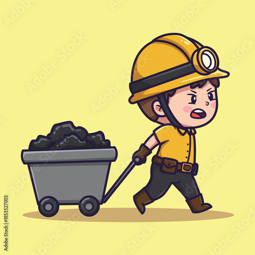 Cute Cartoon Miner Pulling Coal Cart with Effort Vector Illustration