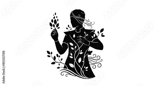 Silhouette of a person adorned with leaves, embodying nature's growth and renewal.