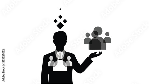 Silhouette of a person holding a group of people icons, symbolizing leadership and team management.