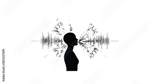 Silhouette of a person speaking, with sound waves and abstract particles emanating outwards, symbolizing communication and expression.