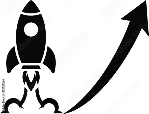 Rocket ship launching with ascending arrow