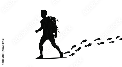 Silhouette of a hiker with a backpack walking forward, leaving footprints behind on a white background.