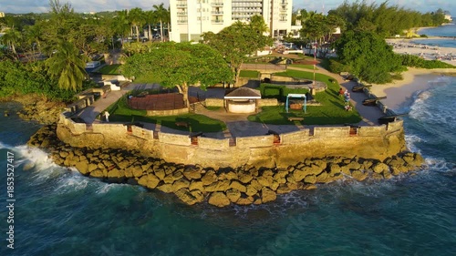 Charles Fort aerial view at sunset at Needham's Point in historic city of Bridgetown, Saint Michael, Barbados. Historic Bridgetown and its Garrison is a UNESCO World Heritage Site since 2011. 