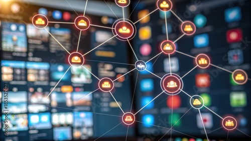 A digital network visualization showing interconnected nodes representing various media and applications on a dark background.