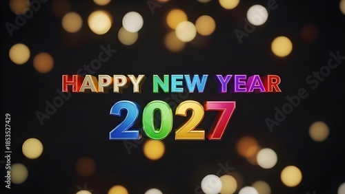 Colorful Happy New Year 2027 text with festive bokeh lights background