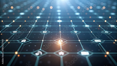 A futuristic digital grid displays interconnected icons and data points, symbolizing technology and interconnectedness.