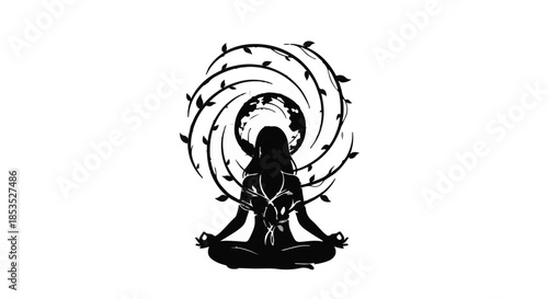 Serene woman in meditation, surrounded by a swirling vine halo, symbolizing inner peace and growth.