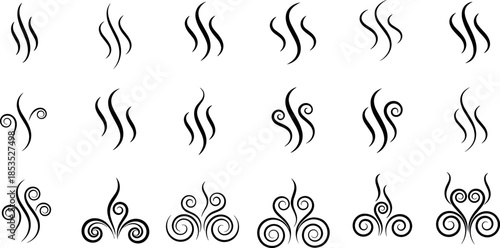 Steam and Smoke Decorative Line Symbols Vector Set Featuring Vapor Waves, Heat Swirls, Aroma Lines and Abstract Curly Motion Design Elements