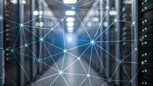A digital network overlaying a server room, showcasing connections between data nodes in a modern data center environment.