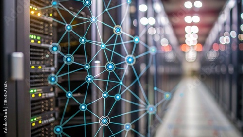 A close-up of server racks in a data center, featuring a network visualization overlay, illustrating connectivity and technology.