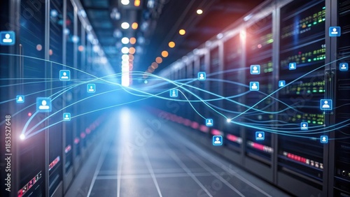 A data center corridor with illuminated servers and digital network connections symbolizing data flow and connectivity.