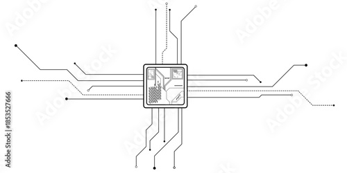 Vectors Abstract connecting lines and dots. AIsolated abstract digital AI chip or semiconductor with circuit board wires and electronics components.