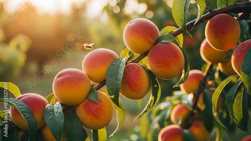 sunlit peaches on a branch in an orchard, ripe fruit in warm afternoon light