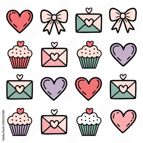Love Emblem Collection with Hearts, Cake, Key and Envelope