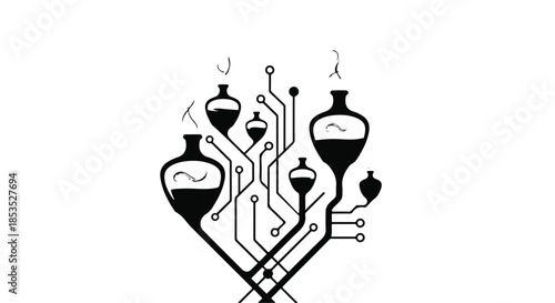 Abstract representation of a digital network with interconnected flasks, symbolizing innovation and scientific discovery.