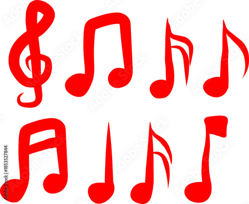 Red music note icon set with treble clef and various musical symbols. Bold flat illustrations perfect for audio apps, media design, and sound themes.