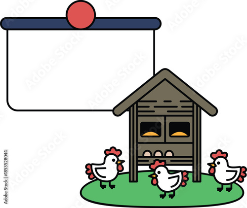 A white and black picture of three chickens and a chicken house