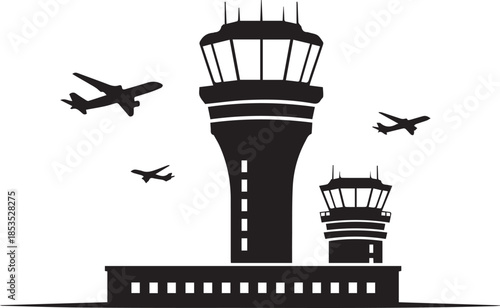 airport control tower complex with surrounding aircraft silhouette vector black on a white background