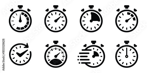 black stopwatch icon set collection timer clock countdown speed symbol design isolated on white background