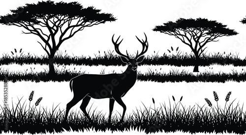 A serene black silhouette of a deer in a natural landscape with trees and grass