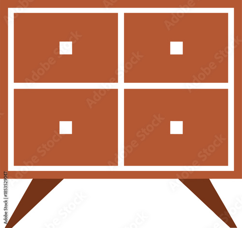 Mid-century modern wooden chest of drawers illustration with four compartments, minimalist furniture design for interior storage