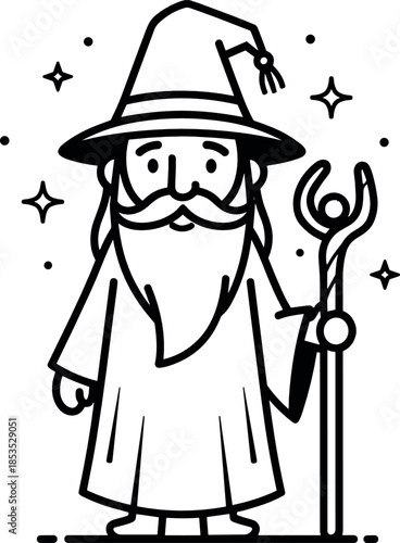 Wizard Character Line Illustration Vector Featuring Magical Mage with Staff, Fantasy Costume, Sorcerer Design and Enchanted Mythical Theme Concept