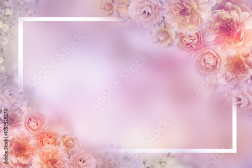 Soft pink floral frame with elegant roses and hazy bokeh background. Dreamy botanical border for Valentine's Day, wedding invitations, romantic greetings, and spring seasonal advertising banners.