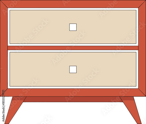Mid-century modern wooden two-drawer cabinet illustration representing furniture storage interior design and minimalist home decor style