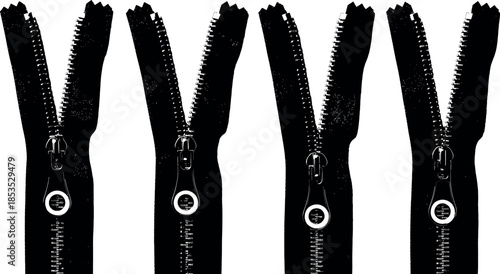 Four black zippers with metal teeth and white zipper pulls