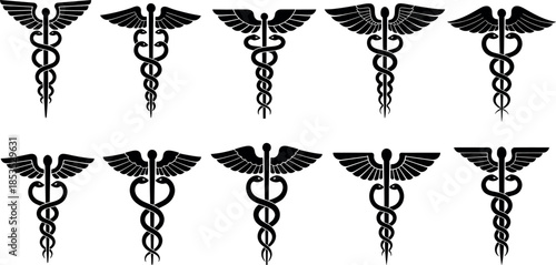 Set of black caduceus medical symbols with wings on isolated for healthcare and medicine