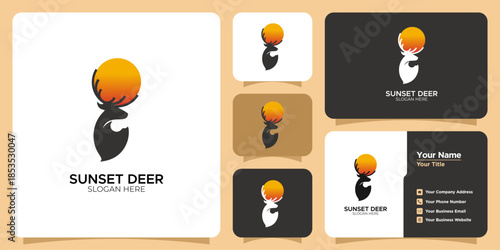 Sunset Deer Logo Template - Elegant Wildlife Antler and Sun Silhouette