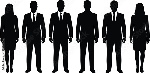 Business people silhouettes standing together, professional men and women team lineup, corporate workforce concept, isolated black vector illustration flat design