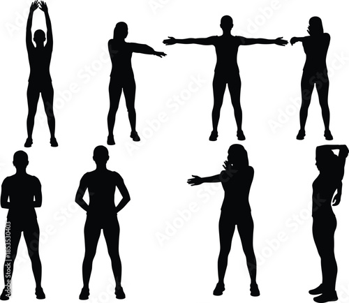 Fitness people silhouettes stretching exercises poses, workout warm up routine, healthy lifestyle training concept, isolated black vector illustration