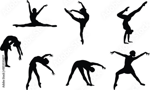 Gymnastics and dance silhouette collection featuring flexible poses, ballet jumps stretches balance movements, athletic female body shapes isolated white