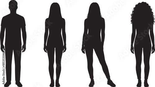 Male and female people silhouettes standing together, casual human figures collection, modern lifestyle characters, isolated black vector illustration