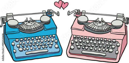 Blue and Pink Vintage Typewriters with Hearts Illustrating Love for Writing and Correspondence
