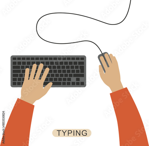 Top View Flat Illustration of Hands Using a Computer Keyboard and Wired Mouse for Digital Work