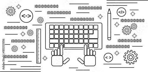 Abstract Computer Programming and Software Development Concept Illustration in Line Art Style with Hands on Keyboard and Binary Code
