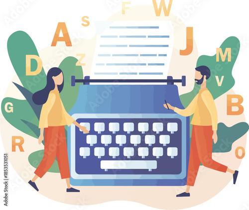 Creative Collaborative Writing Concept Illustration with People Working Together at a Giant Vintage Typewriter