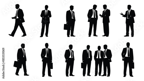 A collection of black silhouettes depicting businessmen in various poses and actions silhouette