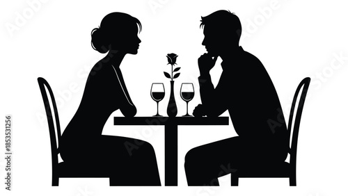 A romantic dinner for two featuring a couple in a striking silhouette