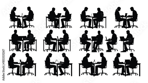 Diverse arrangements of people seated at desks showcasing different postures silhouette