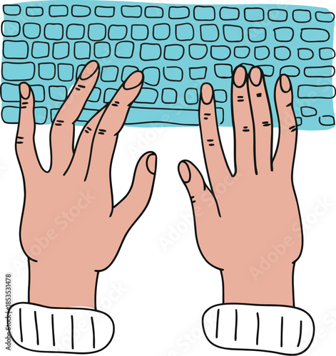 Artistic Hand-Drawn Style Illustration of Hands Typing on a Light Blue Keyboard for Creative Blog and Content Writing