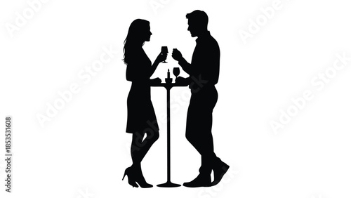 A couple toasting with wine glasses at a high table a romantic silhouette