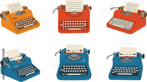 Set of Six Vintage Typewriters in Vibrant Orange Red and Blue Color Palette Illustration