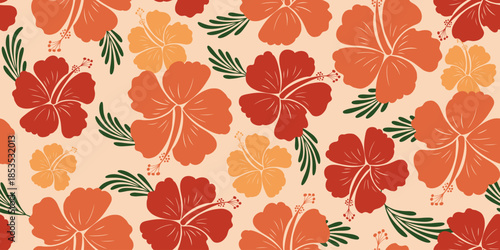 Hibiscus orange, red beautiful pattern. Botanical Seamless pattern. Exotic Hibiscus. Motif for Hawaiian shirt, Aloha shirt summer. Beautiful floral, leaf patterns background. Yellow hibiscus flower.