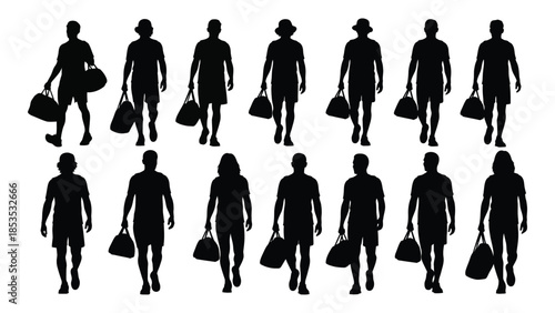 A collection of people carrying shopping bags in various poses black silhouette